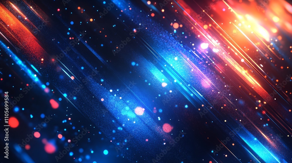 Abstract vibrant diagonal lines of red and blue light, glowing particles, and bokeh effect on a dark background. Abstract vibrant diagonal lines of red and blue light, glowing particles, and bokeh effect on a dark background.