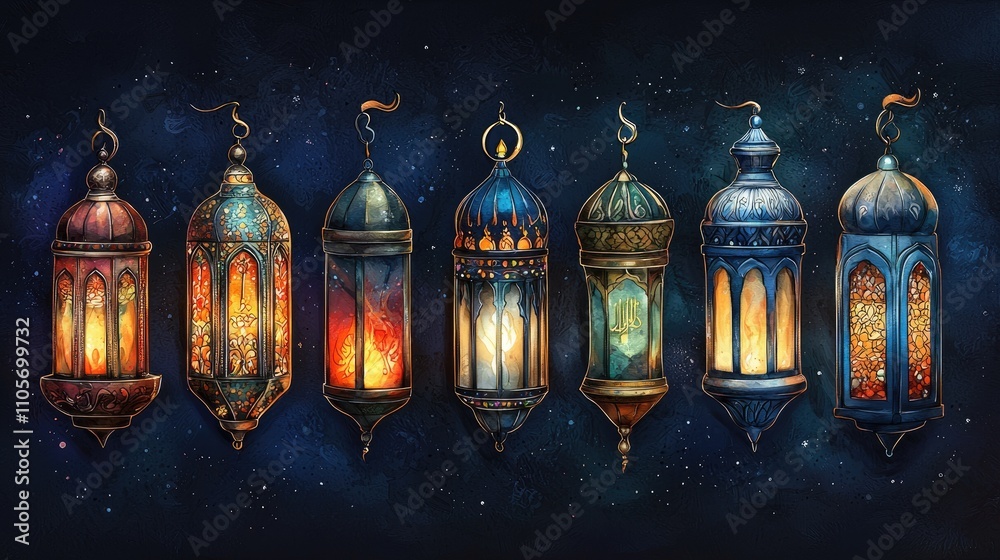 Ramadan lantern set. Islamic lamp. Hand drawn sketch vintage vector illustration