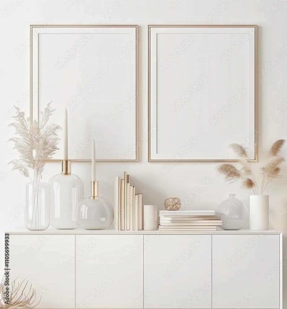 A white dresser with two blank frames. a vase. candles. a book stack. and pampas grass A white dresser with two blank frames. a vase. candles. a book stack. and pampas grass