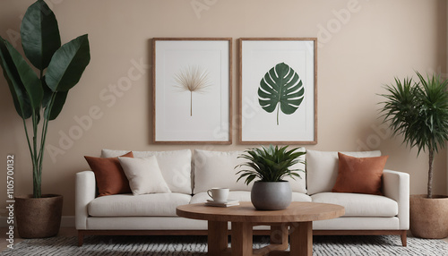 Fototapeta Naklejka Na Ścianę i Meble -  A modern living room with a sofa against a soft colour wall featuring vertical poster frames in wooden frame borders 3d illustration template.