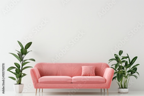 Minimalist living room interior with pink sofa. two plants. and white wall