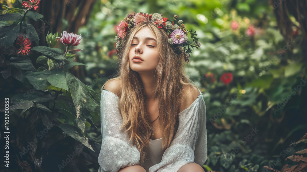 Serenity blossoms in the lush wilderness, where a young woman adorned with vibrant flowers embodies the harmony between beauty and nature. Serenity blossoms in the lush wilderness, where a young woman adorned with vibrant flowers embodies the harmony between beauty and nature.