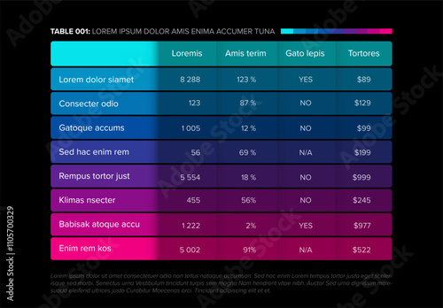 Blue purple table layout template with various sample percentages and monetary values. Simple fresh color data table layout design template with headeron black background