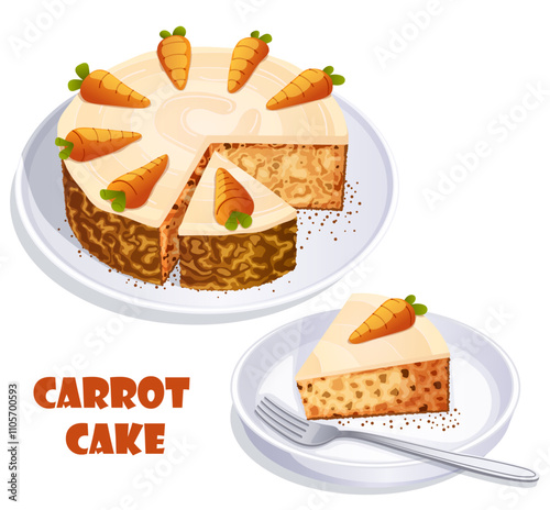 Cut Carrot Cake with Cream Cheese Frosting and Marzipan Carrot Toppings. One Sliced Piece on Separate Plate with Fork
