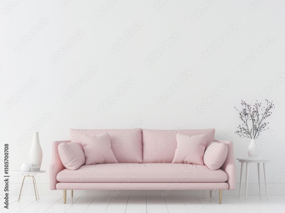 Minimalist living room with a pink sofa. two side tables. and a vase with dried flowers The walls are white and the floor is white wood Minimalist living room with a pink sofa. two side tables. and a vase with dried flowers The walls are white and the floor is white wood