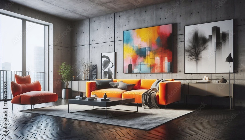 Industrial Loft Living Room with Bright Orange Sofa and Abstract Art
