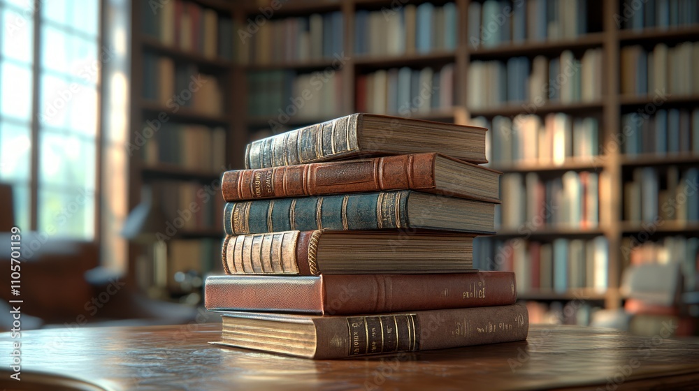 Antique books stacked on wooden table in a library. Sunlight streams through the window. Antique books stacked on wooden table in a library. Sunlight streams through the window.