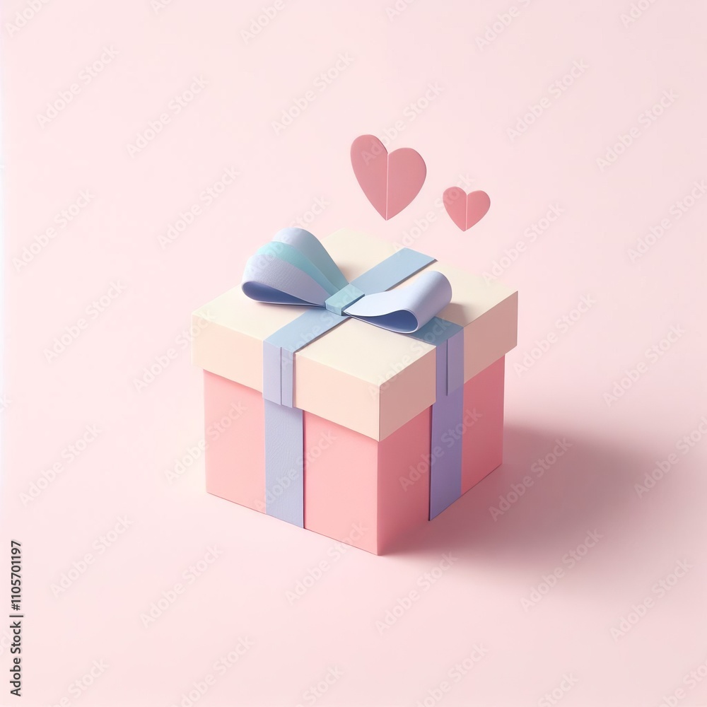 Obraz premium A vibrant gift box with a ribbon sits on a light pink surface, surrounded by floating hearts, suggesting celebration.