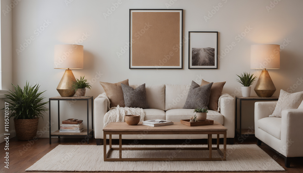 A modern living room with a sofa against a soft colour wall featuring vertical poster frames in wooden frame borders 3d illustration template A modern living room with a sofa against a soft colour wall featuring vertical poster frames in wooden frame borders 3d illustration template