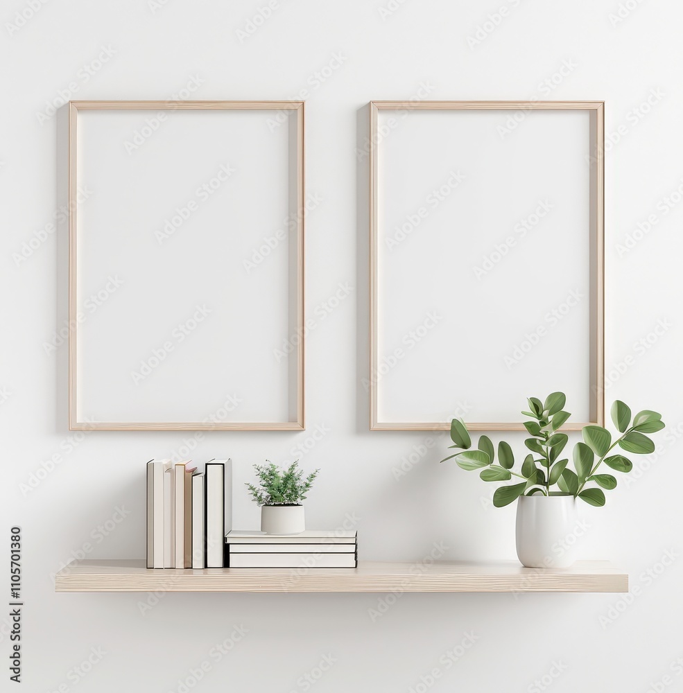 Two empty picture frames hanging on a white wall above a shelf with books and potted plants Two empty picture frames hanging on a white wall above a shelf with books and potted plants
