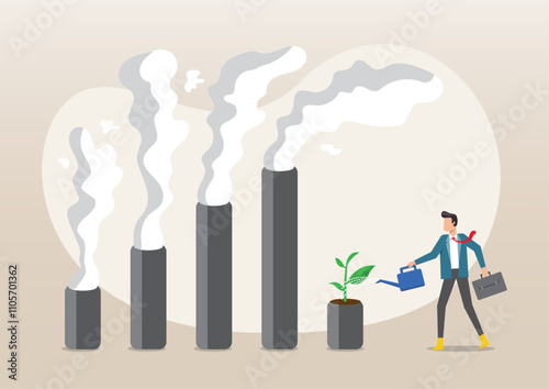 Bbusinessman leader watering seedling plant on bar graph with pollution smoke rising up