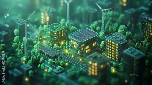 Smart grid connecting renewable energy sources, net zero network, 3D illustration