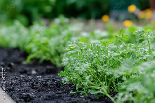 A neatly arranged row of parsley plants in a home garden, capturing the essence of household gardening and the joy of growing herbs for culinary purposes. photo