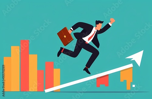  Business challenge, revenue rebound and recover from economic crisis or earning and profit growth jump from bottom concept, strong businessman jumping from trampoline back to top of growing bar graph photo