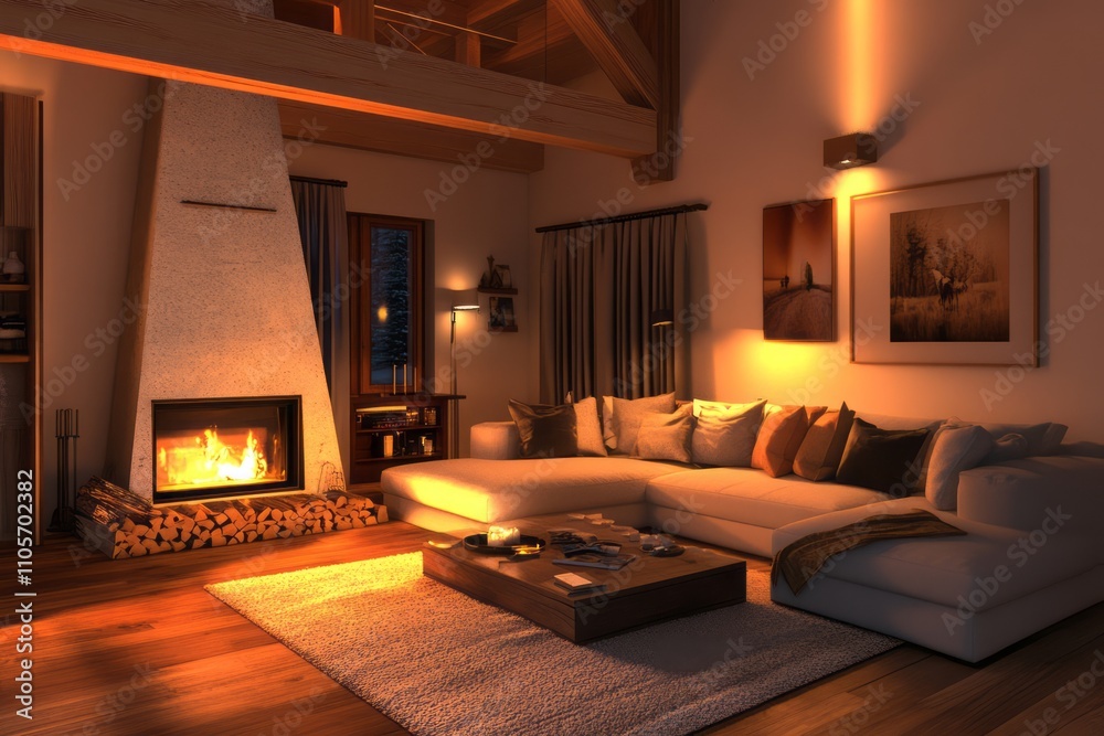 Cozy Living Room Fireplace Evening Scene Warm Lighting Cozy Living Room Fireplace Evening Scene Warm Lighting