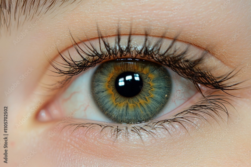 Obraz premium A detailed macro photograph of the human eye showcasing vivid green hues, beautifully detailed eyelashes, and reflections that draw in the viewer's attention.