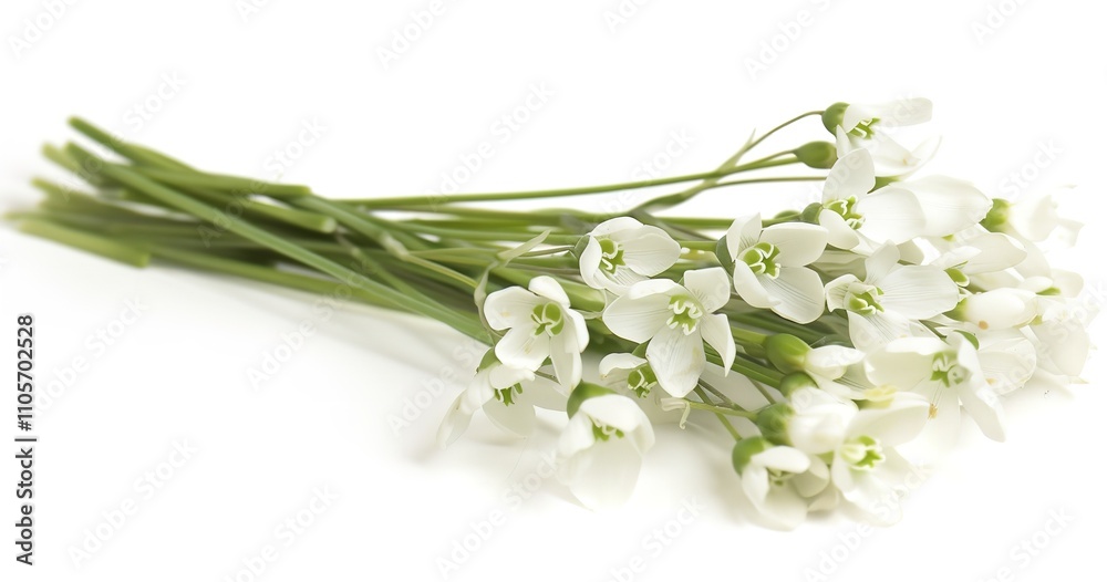 a cluster of tiny, white snowdrops softly placed against a white background, Generative AI. a cluster of tiny, white snowdrops softly placed against a white background, Generative AI.