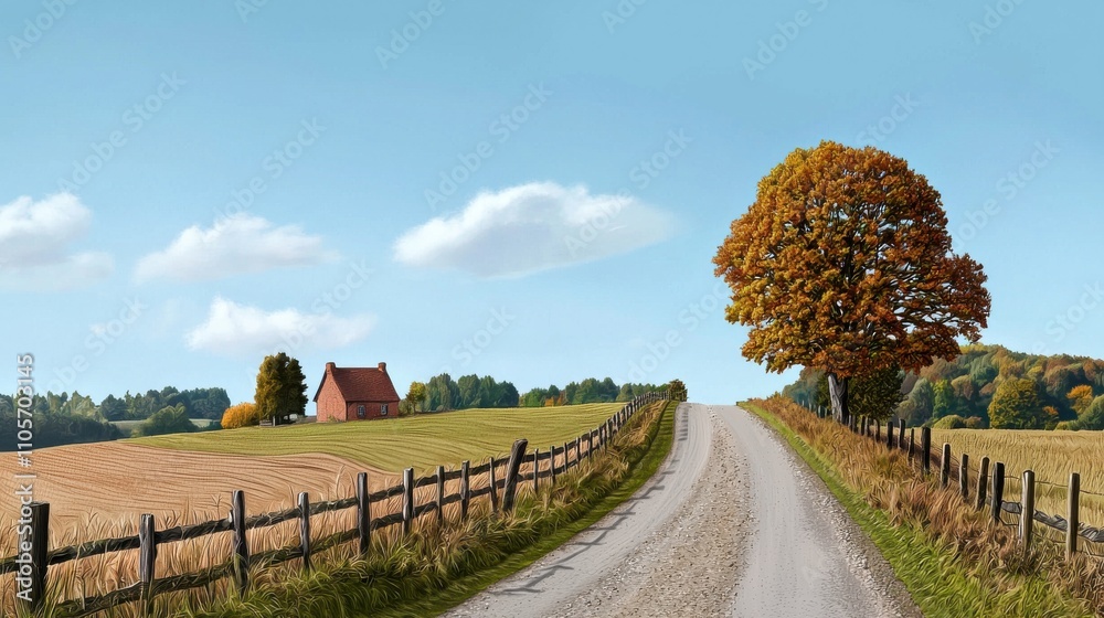 Fototapeta premium Scenic Countryside Pathway Lined with Vibrant Fall Foliage and Rustic Farm Structures