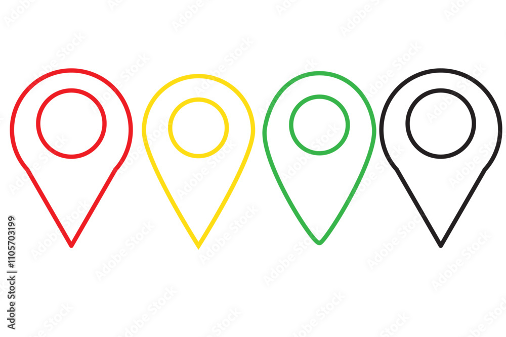 Location icon set, map pin icon vector, pin location icon in black, blue, red and outline style illustration isolated on white background. Location icon set, map pin icon vector, pin location icon in black, blue, red and outline style illustration isolated on white background.