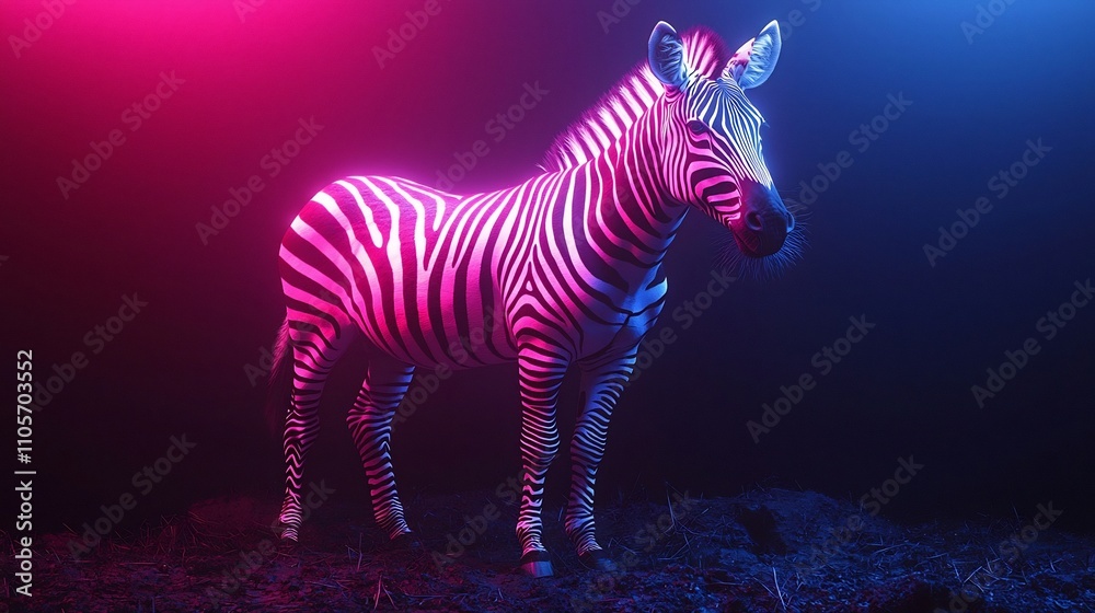Fototapeta premium Neon Zebra on Dark Background with Striking Contrast and Glowing Stripes