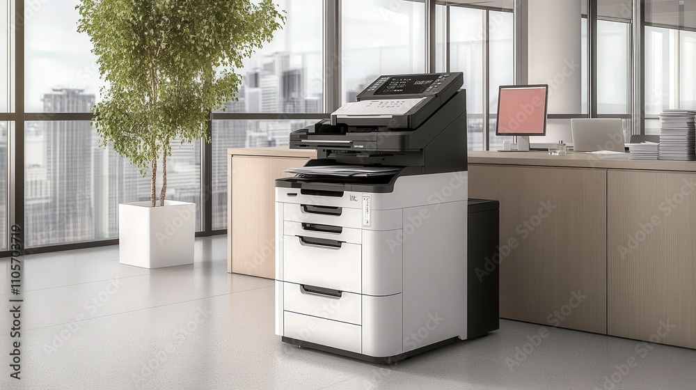 A photocopier machine in a professional setting, equipped with multiple paper trays for different paper sizes and types.