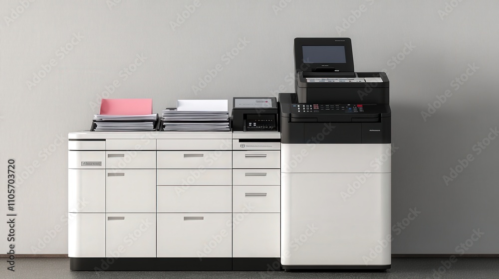 A photocopier machine in a professional setting, equipped with multiple paper trays for different paper sizes and types. A photocopier machine in a professional setting, equipped with multiple paper trays for different paper sizes and types.