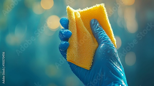 Gloved Hand Holding Yellow Cleaning Cloth photo