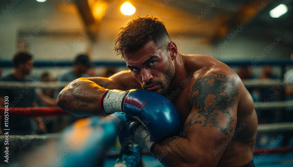 A boxer leans against the ropes in the ring, catching their breath between rounds, surrounded by their coach and team, offering support and encouragement in a tense, high-energy moment. A boxer leans against the ropes in the ring, catching their breath between rounds, surrounded by their coach and team, offering support and encouragement in a tense, high-energy moment.