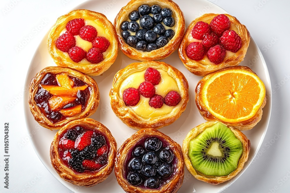 Asorted Delicious Raspberry custard pastry,and fruits in a white plate. top view. Isolated on white background Asorted Delicious Raspberry custard pastry,and fruits in a white plate. top view. Isolated on white background