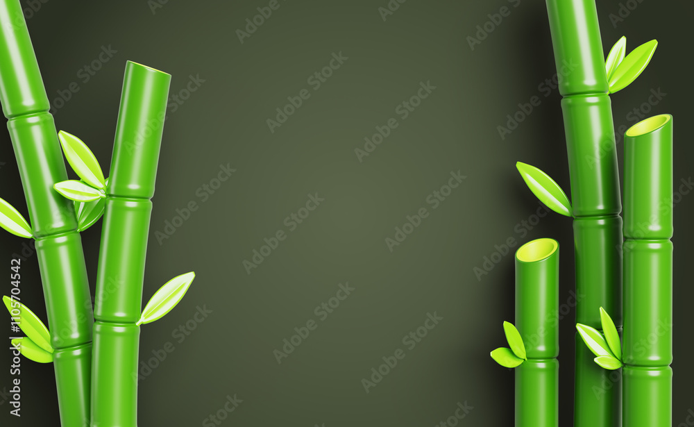 Obraz premium Bamboo 3d dark background. Asian forest frame of green tree sticks with leaf. Jungle banner with border of chinese or japanese sugar cane. Tropical plant stems leaves render wallpaper. 3D illustration