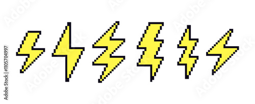 Set of lightning bolt, thunder, electric or weather icon in pixel art style. 3d retro vector illustration.