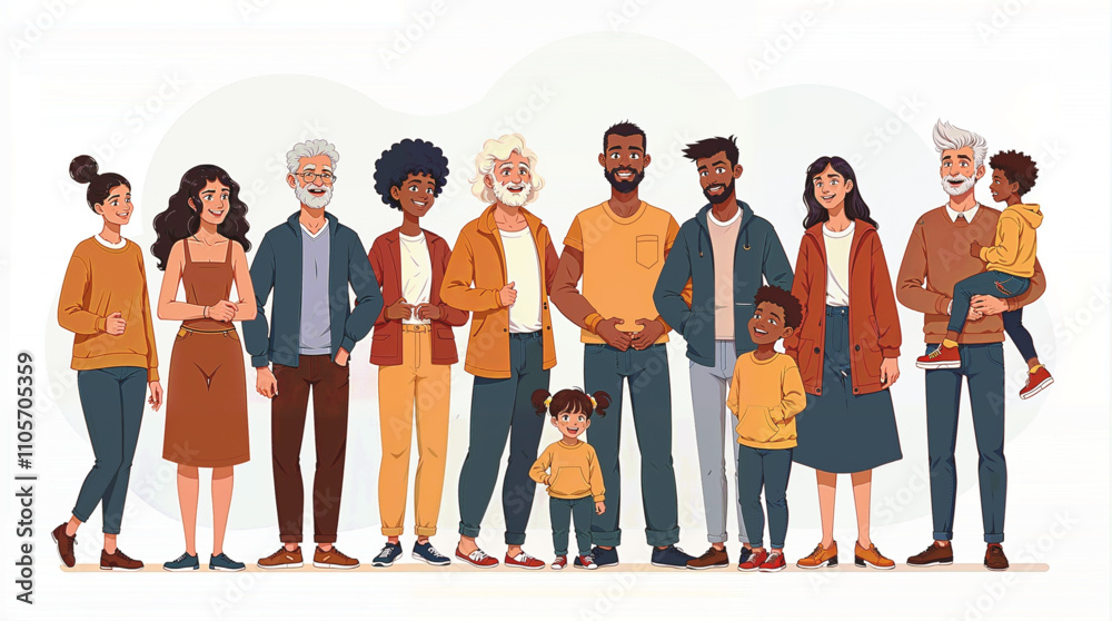Fototapeta premium People of different cultures and races on a white background. Men and women young and old, along with children and people with disabilities, join together in joy. Illustration