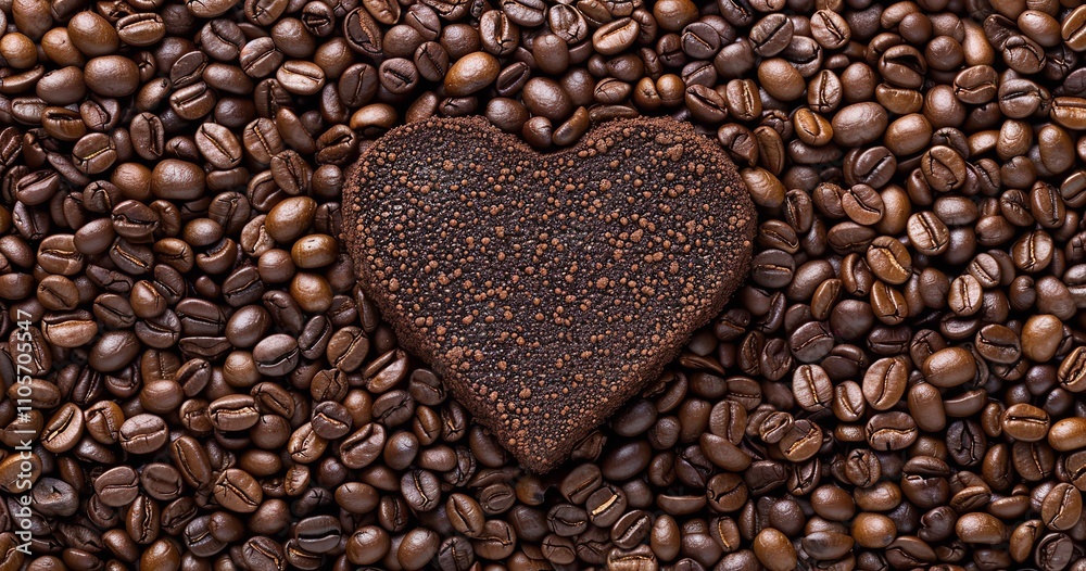 A coffee bean background with a heart-shaped coffee latte, Generative AI.