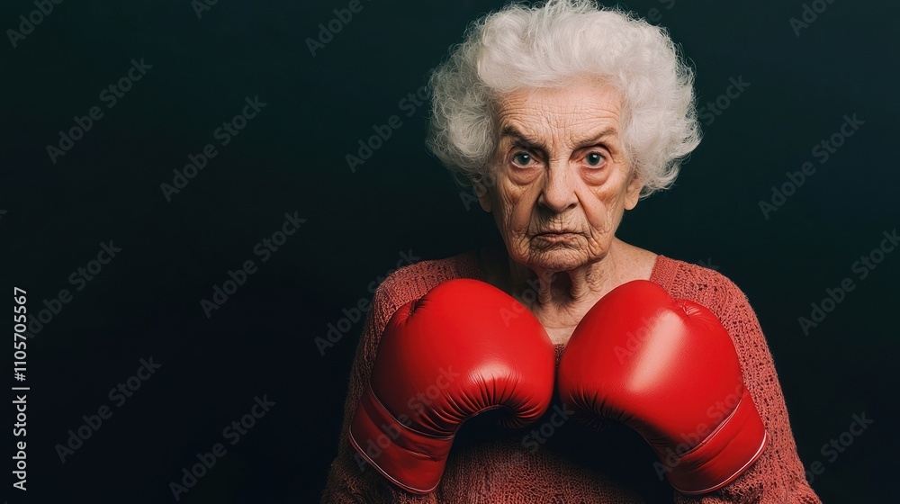 An elderly woman with curly white hair wears red boxing gloves, exuding confidence and determination against a dark background. An elderly woman with curly white hair wears red boxing gloves, exuding confidence and determination against a dark background.
