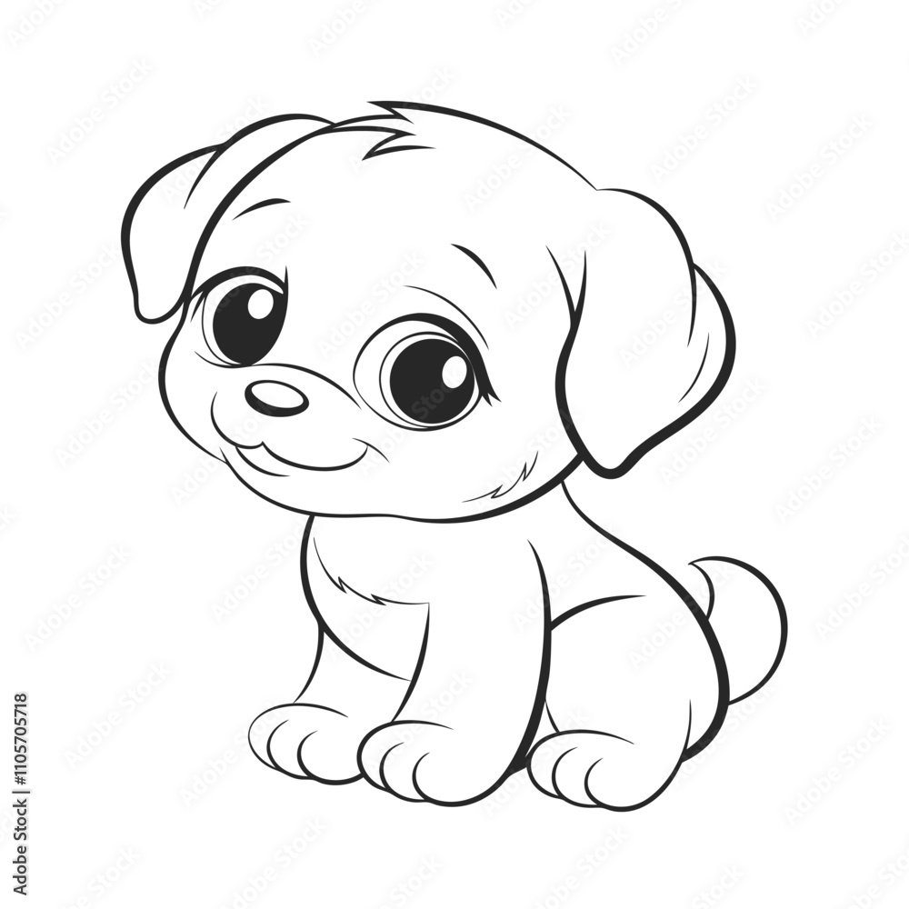 Fototapeta premium Adorable Puppy Sitting Line Art Vector Illustration.