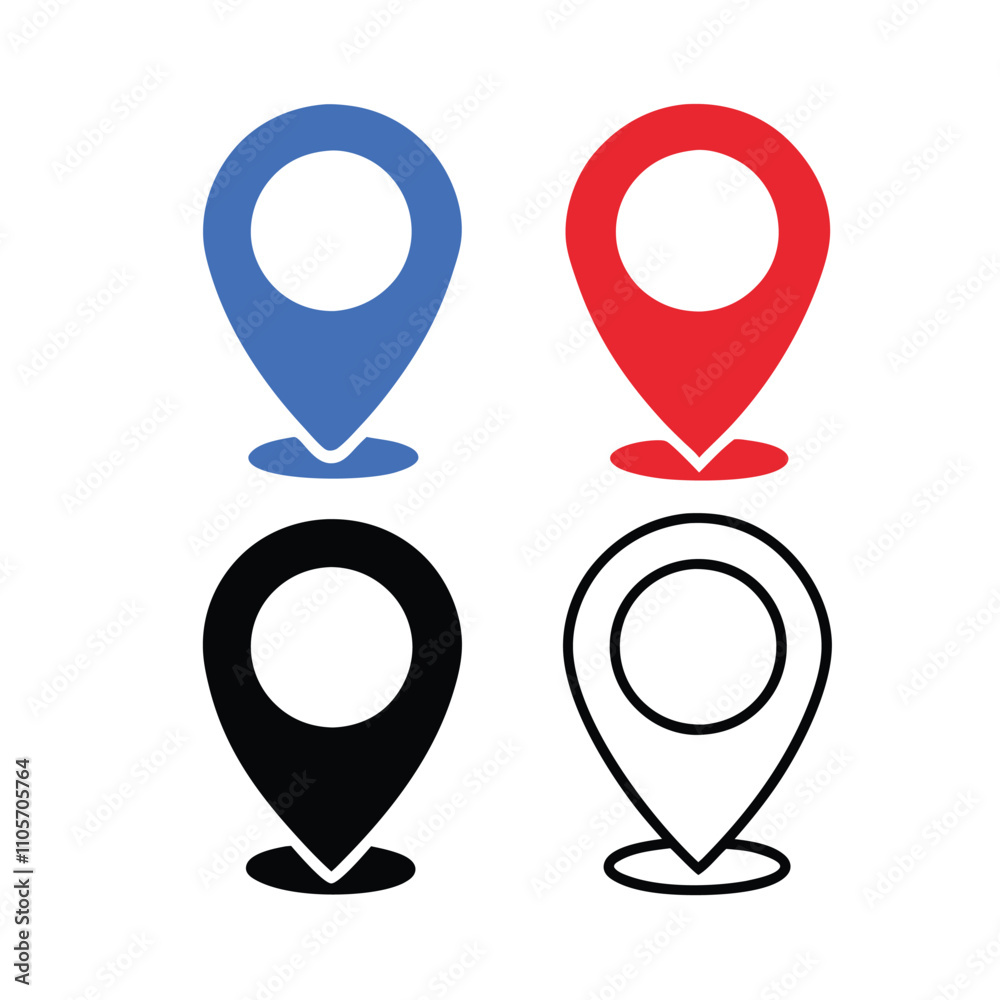 Four different colored pins are shown on a white background. The pins are black and red, blue and red, and black and blue Four different colored pins are shown on a white background. The pins are black and red, blue and red, and black and blue