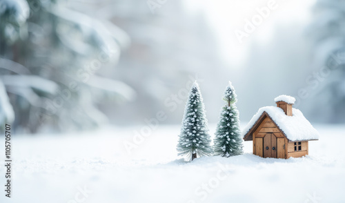 toy Christmas trees and a wooden house in a snowy forest , copy space