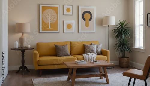 A modern living room with a yellow fabric sofa set against a soft colour wall featuring vertical poster frames in wooden frame borders 3d illustration template