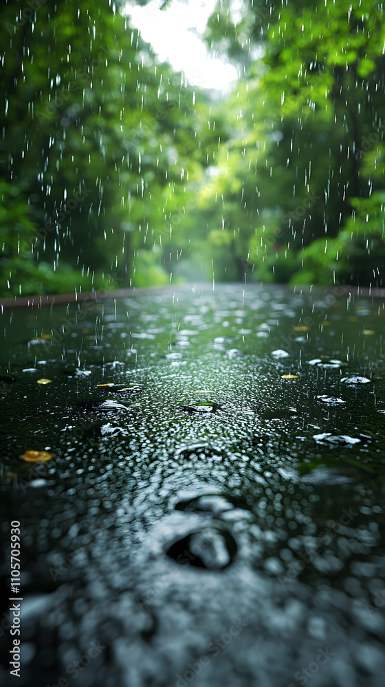 Fototapeta premium Rainy Day Path Through Lush Green Forest