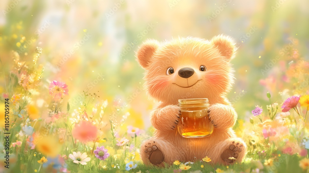 A cute bear happily holding a jar of honey amidst a vibrant flower-filled meadow. A cute bear happily holding a jar of honey amidst a vibrant flower-filled meadow.