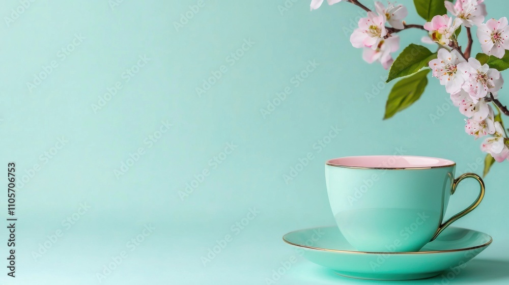 Elegant Floral Arrangement and Tea Cup on Pastel Background Elegant Floral Arrangement and Tea Cup on Pastel Background