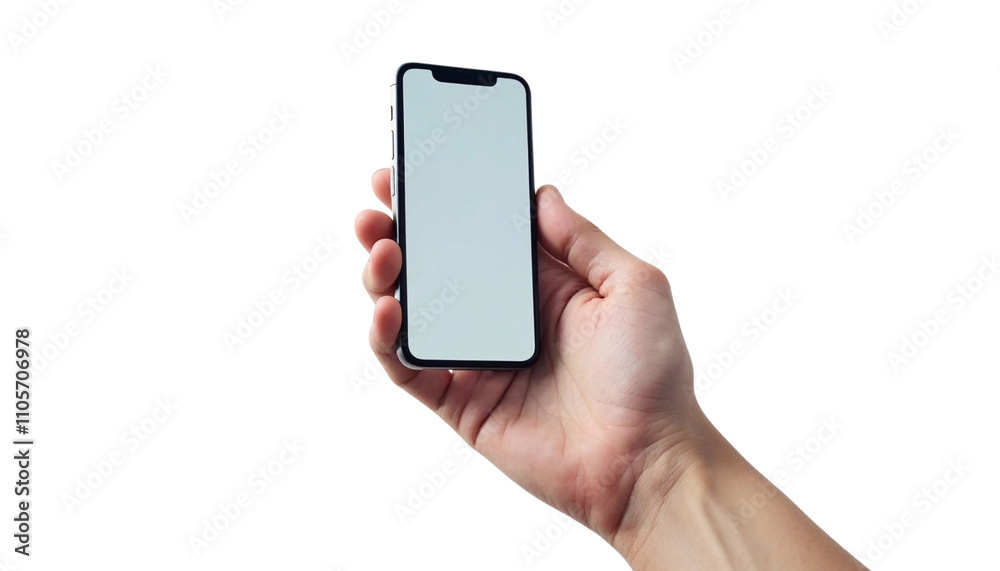 Hand Holding Modern Smartphone With Blank White Screen Display, Transparent Background. Hand Holding Modern Smartphone With Blank White Screen Display, Transparent Background.