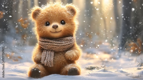 A cute, fluffy bear sitting in the snow, wearing a cozy scarf, surrounded by a winter scene.