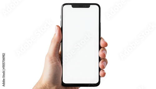 Hand Holding Modern Smartphone With Blank White Screen Display, Transparent Background.