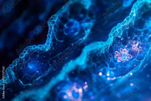 A vibrant cellular pattern in luminescent blue showcases radiant shapes and detailed textures, embodying a mesmerizing view into the microscopic realm of cells. photo