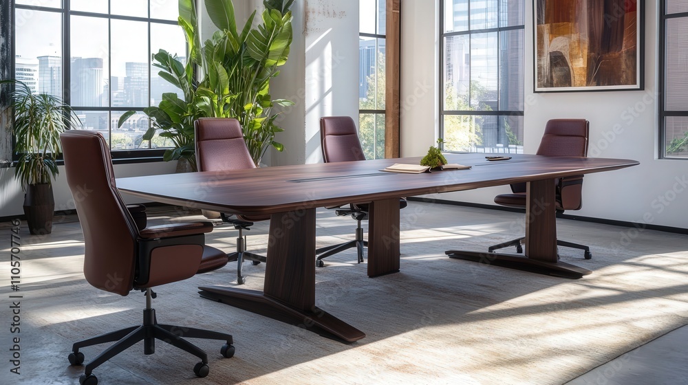 A rectangular conference table with a dark wood finish, paired with ergonomic chairs in a bright, open office. A rectangular conference table with a dark wood finish, paired with ergonomic chairs in a bright, open office.