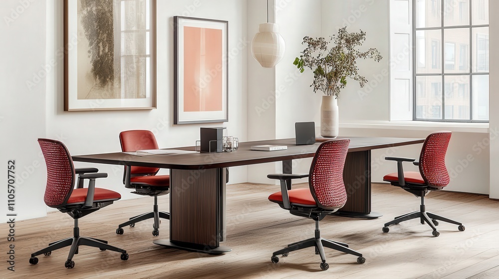 Fototapeta premium A rectangular conference table with a dark wood finish, paired with ergonomic chairs in a bright, open office.