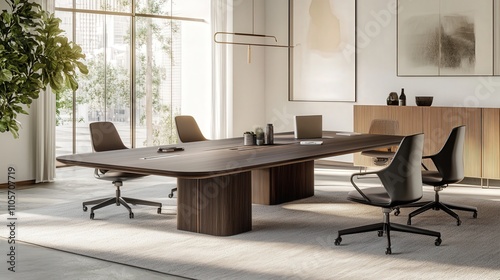 Wallpaper Mural A rectangular conference table with a dark wood finish, paired with ergonomic chairs in a bright, open office. Torontodigital.ca
