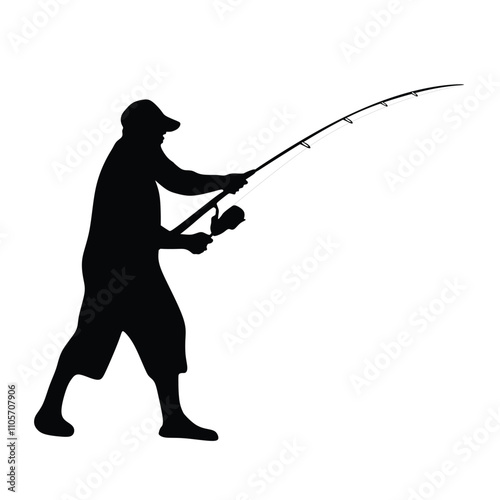 silhouette of a fisherman with a cap fishing with a fishing rod on a white background