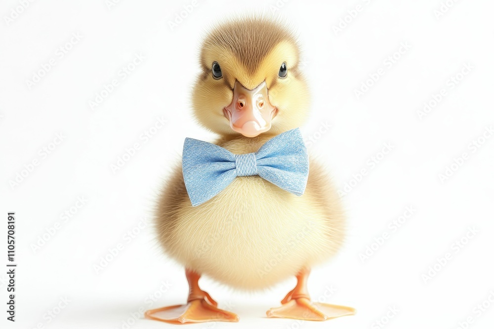 Fluffy duckling, light yellow, wearing blue bow tie. Fluffy duckling, light yellow, wearing blue bow tie.